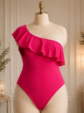 Women Plus One-Shoulder Ruffle One-Piece Swimsuit - Hot Pink